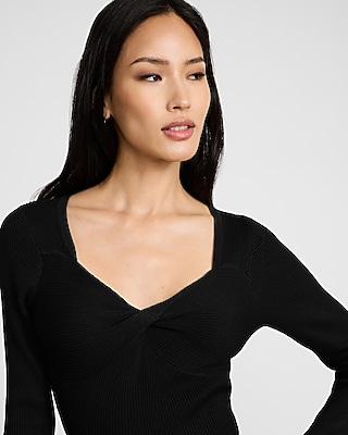 Ribbed Sweetheart Twist Front Mini Sweater Dress