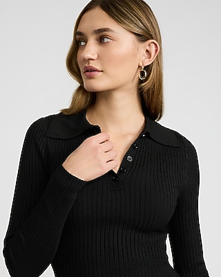 Ribbed Long Sleeve Mini Fit and Flare Polo Sweater Dress - thumbnail 7