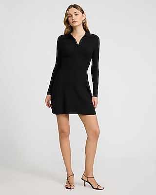 Ribbed Long Sleeve Mini Fit and Flare Polo Sweater Dress - thumbnail 9