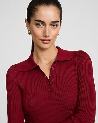 Ribbed Long Sleeve Mini Fit And Flare Polo Sweater Dress | Express