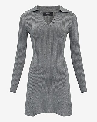 Ribbed Long Sleeve Mini Fit and Flare Polo Sweater Dress