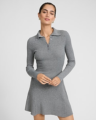 Ribbed Long Sleeve Mini Fit And Flare Polo Sweater Dress | Express
