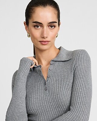 Ribbed Long Sleeve Mini Fit and Flare Polo Sweater Dress