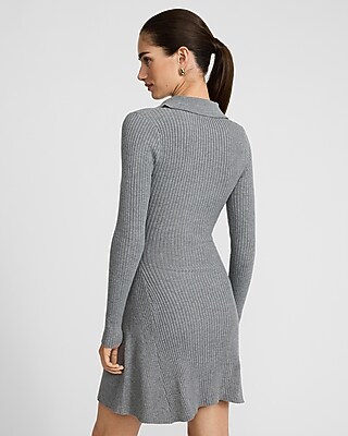 Ribbed Long Sleeve Mini Fit and Flare Polo Sweater Dress