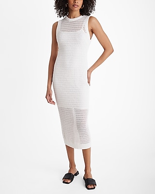 Linen-Blend Crochet High Neck Sleeveless Midi Dress