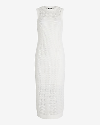 Linen-Blend Crochet High Neck Sleeveless Midi Dress
