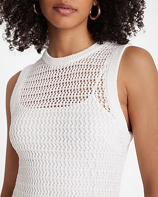 Linen-Blend Crochet High Neck Sleeveless Midi Dress