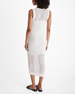 Linen-Blend Crochet High Neck Sleeveless Midi Dress