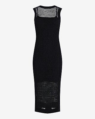Linen-Blend Crochet High Neck Sleeveless Midi Dress