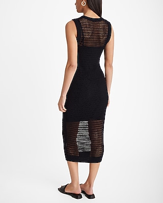 Linen-Blend Crochet High Neck Sleeveless Midi Dress