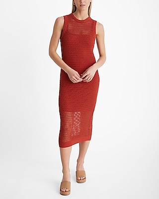 Linen-Blend Crochet High Neck Sleeveless Midi Dress