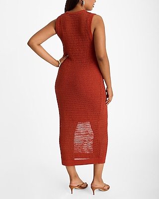 Linen-Blend Crochet High Neck Sleeveless Midi Dress