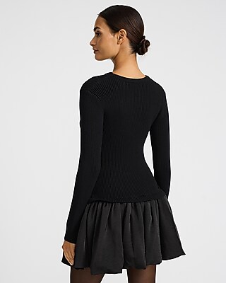 Mixed Media Crew Neck Long Sleeve Bubble Mini Dress | Express