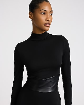 Body Contour High Compression Mock Neck Leather Belted Maxi Dress