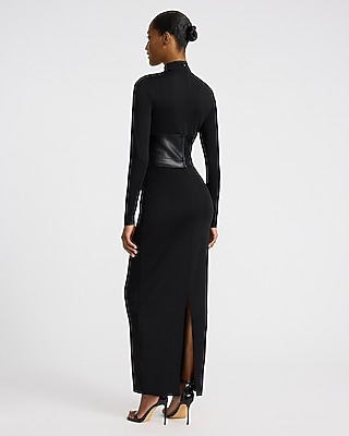 Body Contour High Compression Mock Neck Leather Belted Maxi Dress