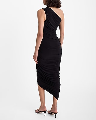 One Shoulder Sleeveless Ruched Asymmetrical Midi Sheath Dress