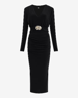 Matte Jersey V-Neck Hardware Waist Ruched Maxi Dress