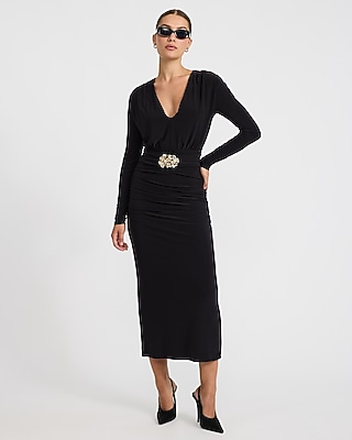 Matte Jersey V-Neck Hardware Waist Ruched Maxi Dress