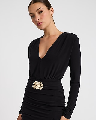 Matte Jersey V-Neck Hardware Waist Ruched Maxi Dress