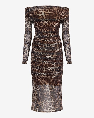 Leopard Mesh Off The Shoulder Midi Sheath Dress