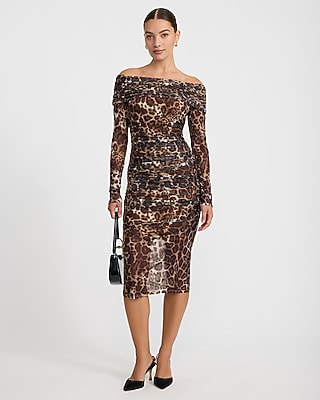 Leopard Mesh Off The Shoulder Midi Sheath Dress