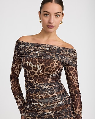 Leopard Mesh Off The Shoulder Midi Sheath Dress