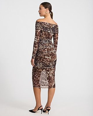 Leopard Mesh Off The Shoulder Midi Sheath Dress