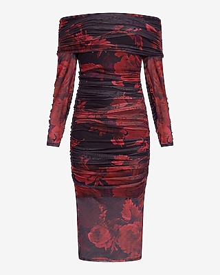 Floral Mesh Off The Shoulder Long Sleeve Ruched Midi Dress