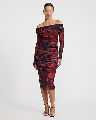 Floral Mesh Off The Shoulder Long Sleeve Ruched Midi Dress