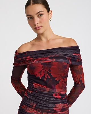 Floral Mesh Off The Shoulder Long Sleeve Ruched Midi Dress