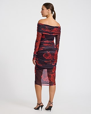 Floral Mesh Off The Shoulder Long Sleeve Ruched Midi Dress