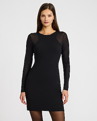 Mesh Pieced Crew Neck Long Sleeve Mini Dress