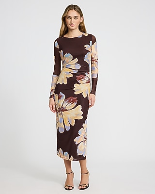 Floral Mesh Crew Neck Long Sleeve Ruched Midi Dress | Express