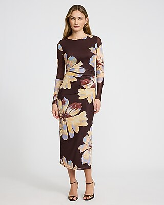 Floral Mesh Crew Neck Long Sleeve Ruched Midi Dress | Express