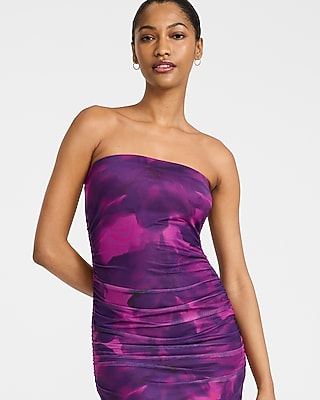 Printed Mesh Strapless Ruched Maxi Dress - image 2