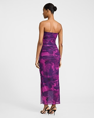 Printed Mesh Strapless Ruched Maxi Dress - image 3