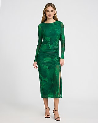 Printed Mesh Crew Neck Long Sleeve Midi Dress