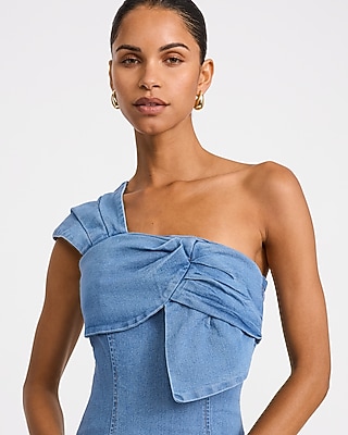 Denim One Shoulder Fold Over Ruched Side Slit Midi Dress