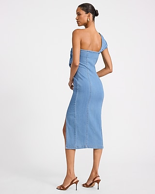 Denim One Shoulder Fold Over Ruched Side Slit Midi Dress