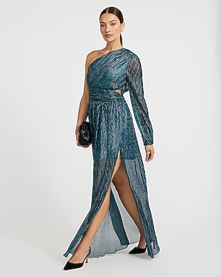 Metallic One Shoulder Side Cutout Plisse Maxi Dress