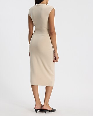 Cap Sleeve Ribbed Waist Mock Neck Midi Sweater Dress | Express
