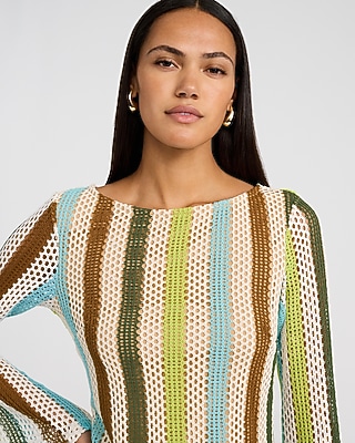 Striped Crochet Boat Neck Long Sleeve Mini Sheath Dress - image 2