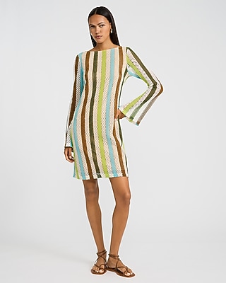 Striped Crochet Boat Neck Long Sleeve Mini Sheath Dress - image 3