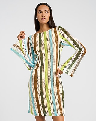 Striped Crochet Boat Neck Long Sleeve Mini Sheath Dress - image 4