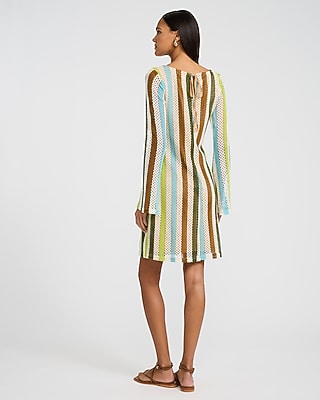 Striped Crochet Boat Neck Long Sleeve Mini Sheath Dress - image 5