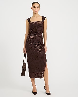 Velvet Burnout Square Neck Cap Sleeve Midi Dress