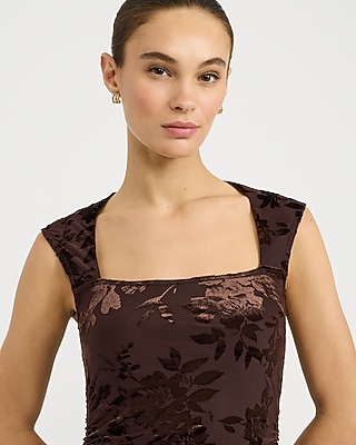 Velvet Burnout Square Neck Cap Sleeve Midi Dress