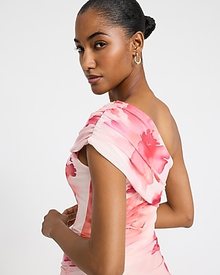 Floral Mesh One Shoulder Ruched Maxi Dress