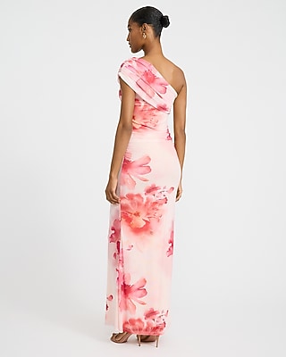 Floral Mesh One Shoulder Ruched Maxi Dress