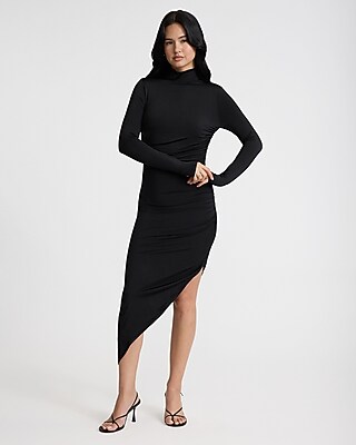 navy blue dress for baby girl Body Contour Mock Neck Ruched Asymmetrical Midi Dress